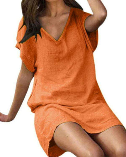 Vibrant Cotton Linen V-Neck Dress for Effortless Elegance