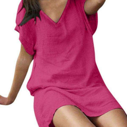 Vibrant Cotton Linen V-Neck Dress for Effortless Elegance