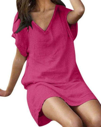 Vibrant Cotton Linen V-Neck Dress for Effortless Elegance