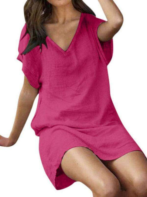 Vibrant Cotton Linen V-Neck Dress for Effortless Elegance