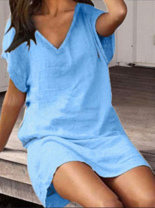 Vibrant Vibe Cotton and Linen V-Neck Dress with Short Sleeves