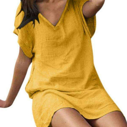 Vibrant Cotton Linen V-Neck Dress for Effortless Elegance