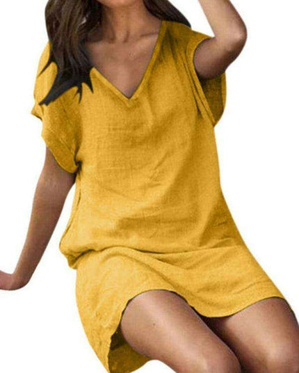 Vibrant Cotton Linen V-Neck Dress for Effortless Elegance