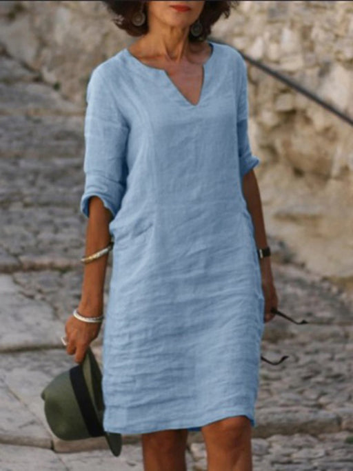 Spring-Summer Solid Color Linen Tunic Dress - Effortless Elegance with a Relaxing Style