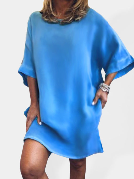Linen Blend Slit Hem Tunic Dress for Women with Three-Quarter Sleeves
