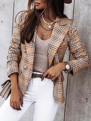Women's Plaid Cotton And Linen Double Breasted Blazer-kakaclo-Pattern1-S-Très Elite