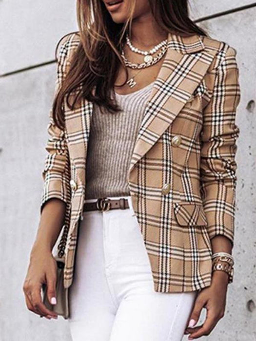 Jakoto Women's Plaid Cotton and Linen Double Breasted Blazer with Relaxed Dropped Shoulder Sleeves - Spring-Summer Chic