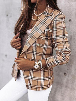Women's Plaid Cotton And Linen Double Breasted Blazer-kakaclo-Pattern1-S-Très Elite