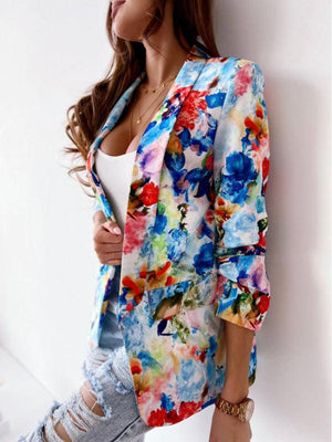 Women's Floral Print Open Front Blazer-kakaclo-Blue-S-Très Elite