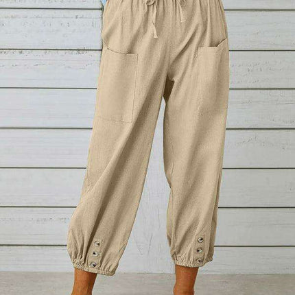 Chic High-Waisted Cotton-Linen Wide Leg Trousers for Women - Effortless Elegance