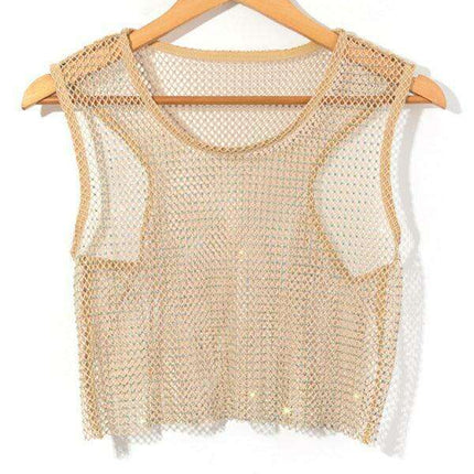 Rhinestone-Studded Sheer Mesh Crop Top