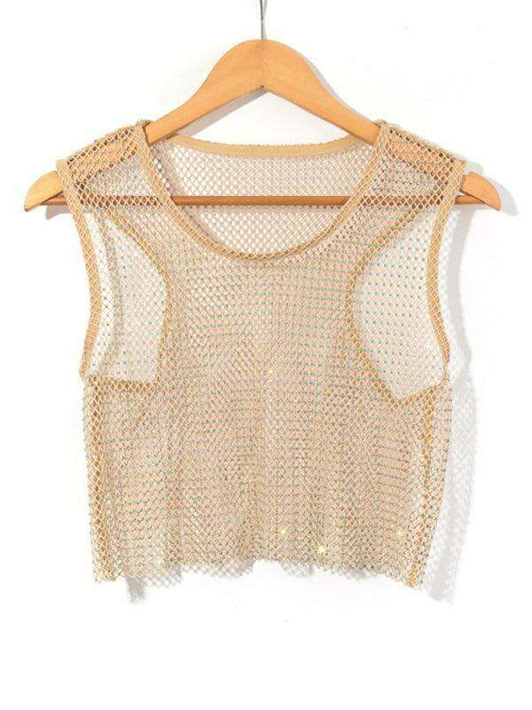 Rhinestone-Studded Sheer Mesh Crop Top