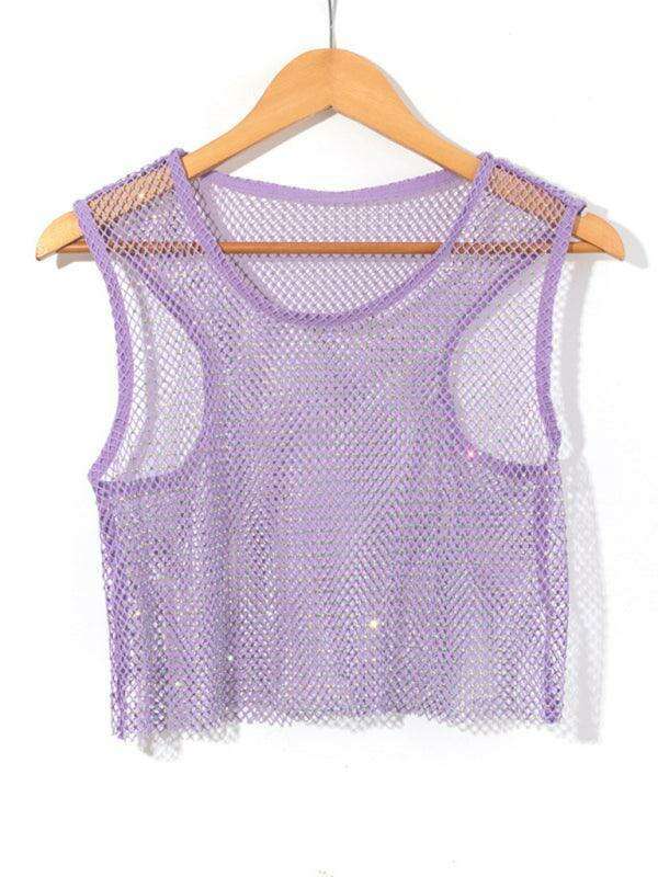 Rhinestone-Studded Sheer Mesh Crop Top