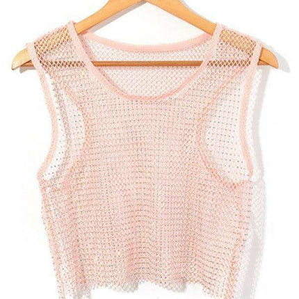 Rhinestone-Studded Sheer Mesh Crop Top