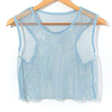 Rhinestone-Studded Sheer Mesh Crop Top