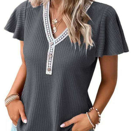 Romantic Flutter Sleeve Lace Trim Waffle Knit Top for Women