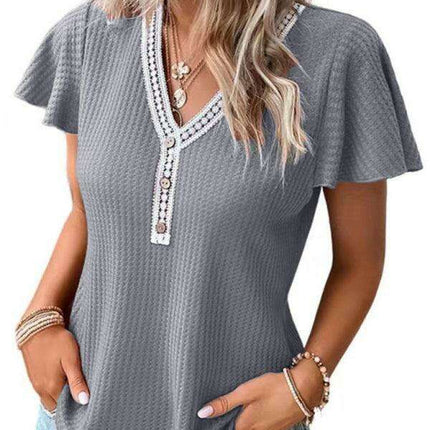 Romantic Flutter Sleeve Lace Trim Waffle Knit Top for Women