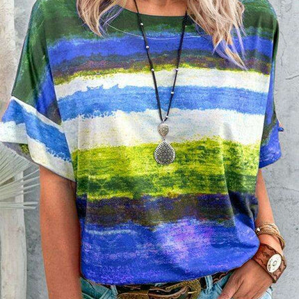 Colorful Striped Casual Tee with Relaxed Dropped Shoulders for Women