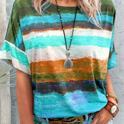 Colorful Striped Casual Tee with Relaxed Dropped Shoulders for Women
