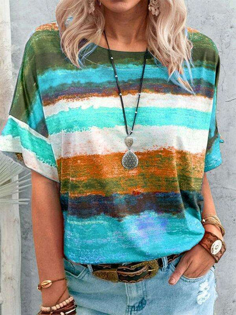 Colorful Striped Casual Tee with Relaxed Dropped Shoulders for Women