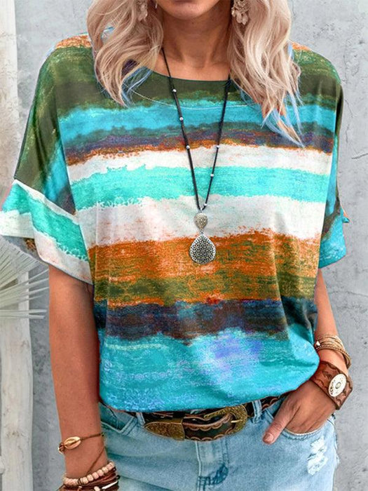 Colorful Rainbow Striped Polyester Tee for Women with Short Sleeves