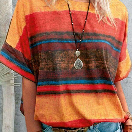 Colorful Striped Casual Tee with Relaxed Dropped Shoulders for Women