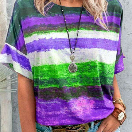 Colorful Striped Casual Tee with Relaxed Dropped Shoulders for Women