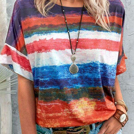 Colorful Striped Casual Tee with Relaxed Dropped Shoulders for Women