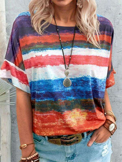 Colorful Striped Casual Tee with Relaxed Dropped Shoulders for Women