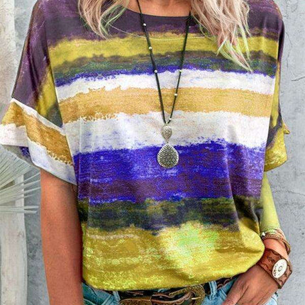 Colorful Striped Casual Tee with Relaxed Dropped Shoulders for Women