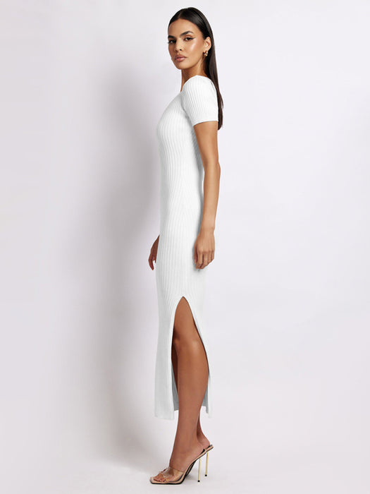 Elegant Ribbed Knit Midi Dress with Stylish Side Slits
