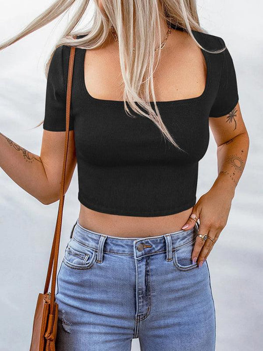 Square Neck Knit Women's Short Sleeve Crop Top