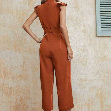 Sleek Solid V-Neck Jumpsuit with Statement Sleeves - Elevate Your Style