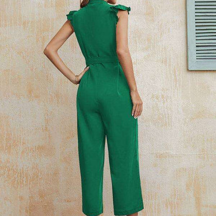 Sleek Solid V-Neck Jumpsuit with Statement Sleeves - Elevate Your Style