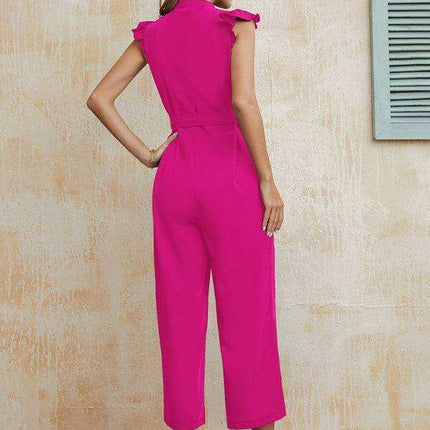 Sleek Solid V-Neck Jumpsuit with Statement Sleeves - Elevate Your Style