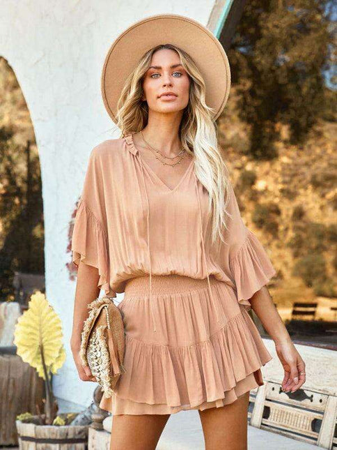 Chic Ruffled Sleeve Elastic Waist Flared Dress for Spring-Summer