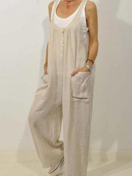All-Day Comfort Cotton Linen Jumpsuit with Bib Pocket & Elastic Waist - Versatile Leisure Wear