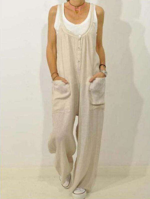 Chic Cotton Linen Jumpsuit with Pocket & Stretchy Waist - Perfect Casual Ensemble