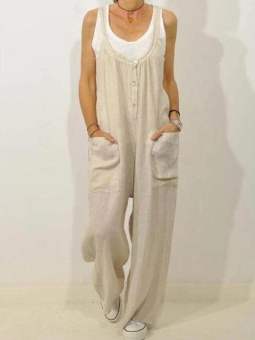 All-Day Comfort Cotton Linen Jumpsuit with Bib Pocket & Elastic Waist - Versatile Leisure Wear