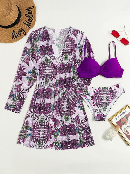 Jakoto | Women's High Waist Printed Bikini Set with Mesh Cape Split Cover-up and Adjustable Straps - Enhanced Chest Shape and Chic Design