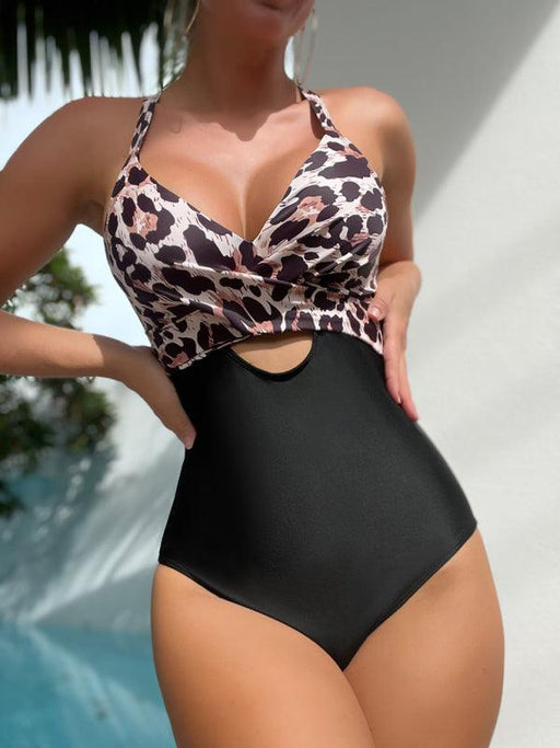 Jakoto | Women's Sexy One-piece Leopard Print Cross Hollow Back Cross Butterfly Button One-Piece Swimsuit