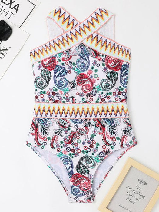 Jakoto | Women's Stylish Paisley Print Cross Neck One Piece Swimsuit