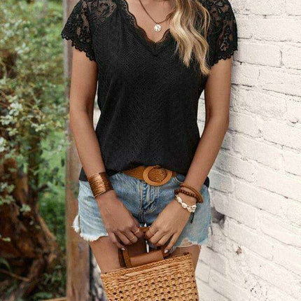 Elegant V-Neck Knit Top with Lace Petal Sleeves - Stylish Sleeveless Floral Design for Women