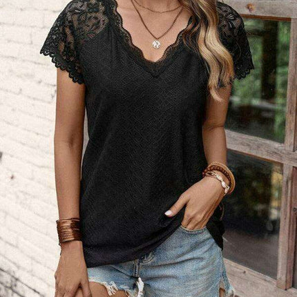 Elegant V-Neck Knit Top with Lace Petal Sleeves - Stylish Sleeveless Floral Design for Women