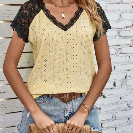 Elegant V-Neck Knit Top with Lace Petal Sleeves - Stylish Sleeveless Floral Design for Women