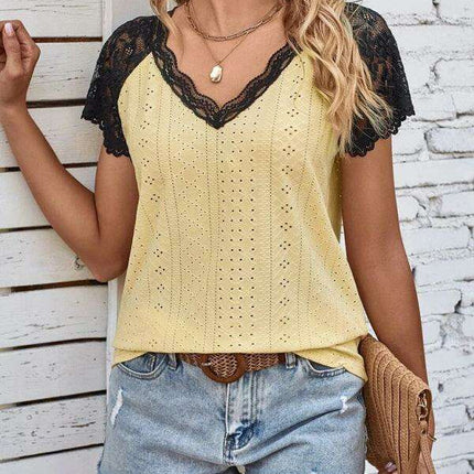 Elegant V-Neck Knit Top with Lace Petal Sleeves - Stylish Sleeveless Floral Design for Women