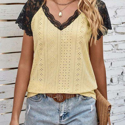 Elegant V-Neck Knit Top with Lace Petal Sleeves - Stylish Sleeveless Floral Design for Women