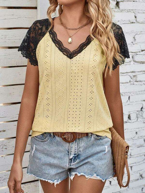 Elegant V-Neck Knit Top with Lace Petal Sleeves - Stylish Sleeveless Floral Design for Women