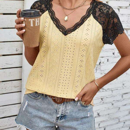 Elegant V-Neck Knit Top with Lace Petal Sleeves - Stylish Sleeveless Floral Design for Women