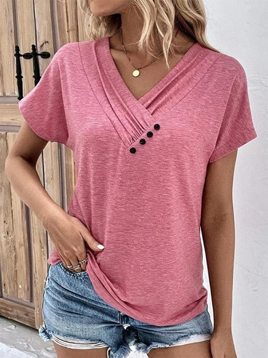 Elegant V-Neck Tee with Button Embellishments for Ladies